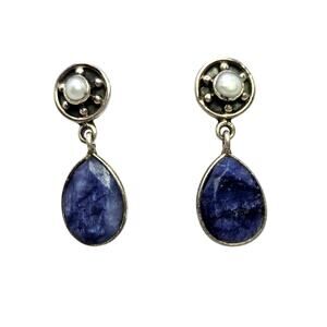 Sterling Silver Kyanite Pearl Drop Earrings Estate Vintage Dangle Blue Fine